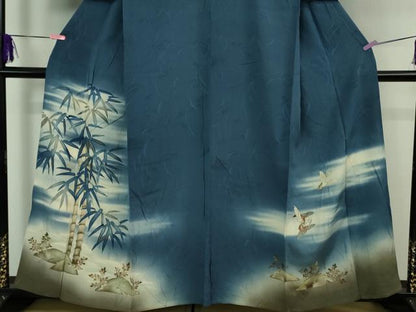 平和屋着物▽極上 アンティーク 大正ロマン 色留袖 単衣 手描き 刺繍 笹竹に雀 暈し染め 逸品 DZAB1118kh5