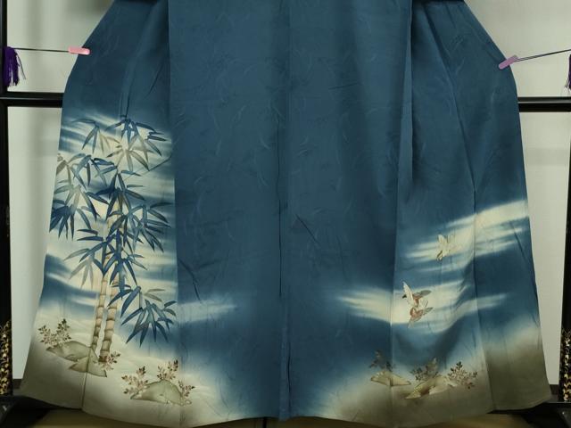 平和屋着物▽極上 アンティーク 大正ロマン 色留袖 単衣 手描き 刺繍 笹竹に雀 暈し染め 逸品 DZAB1118kh5