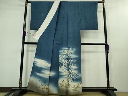 平和屋着物▽極上 アンティーク 大正ロマン 色留袖 単衣 手描き 刺繍 笹竹に雀 暈し染め 逸品 DZAB1118kh5