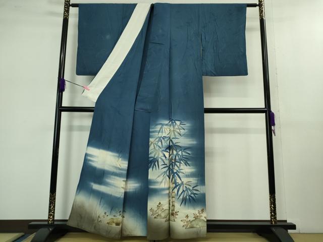 平和屋着物▽極上 アンティーク 大正ロマン 色留袖 単衣 手描き 刺繍 笹竹に雀 暈し染め 逸品 DZAB1118kh5