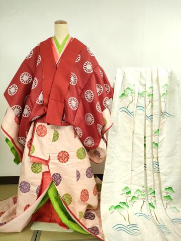 平和屋本店■希少　十二単セット　和装 婚礼　結婚式 神社挙式　唐織　唐衣・表着・五つ衣・内衣・長袴　花丸文　箱付き　逸品 DZAB1140kh5