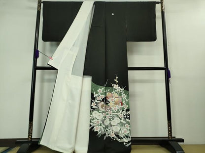 平和屋着物●極上 京友禅作家 山科春宣 黒留袖 鴛鴦梅菊文 たたき染め 逸品 DZAB1142kh5