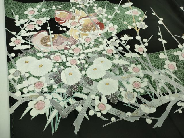 平和屋着物●極上 京友禅作家 山科春宣 黒留袖 鴛鴦梅菊文 たたき染め 逸品 DZAB1142kh5
