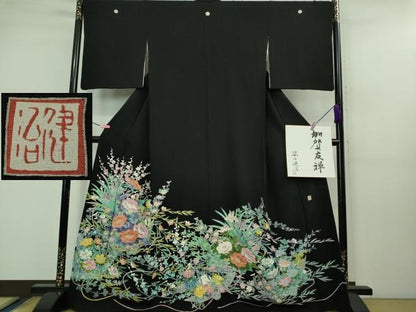 平和屋本店■極上　本加賀友禅作家　毎田健治　黒留袖　花舟　色紙・反端付き　逸品　DZAB1148kh5