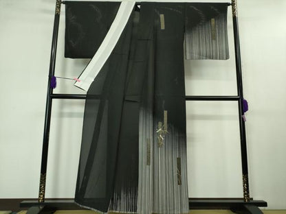 平和屋着物＊極上 夏物 訪問着 刺繍 縦絽 蜻蛉 トンボ 黒地 金彩 逸品 DZAB1166kh5