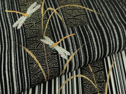 平和屋着物＊極上 夏物 訪問着 刺繍 縦絽 蜻蛉 トンボ 黒地 金彩 逸品 DZAB1166kh5
