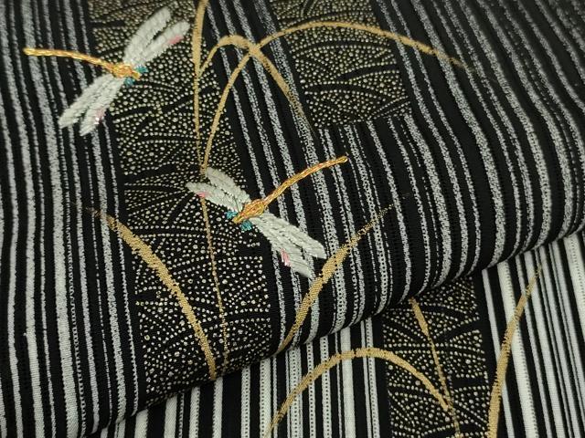 平和屋着物＊極上 夏物 訪問着 刺繍 縦絽 蜻蛉 トンボ 黒地 金彩 逸品 DZAB1166kh5