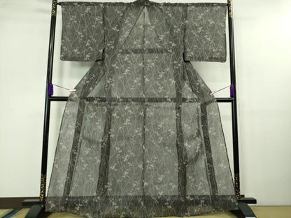 平和屋着物＊極上　夏物　絹芭蕉　小紋　竹垣蔦の葉文　藍墨茶色地　逸品　DZAB1181kh5