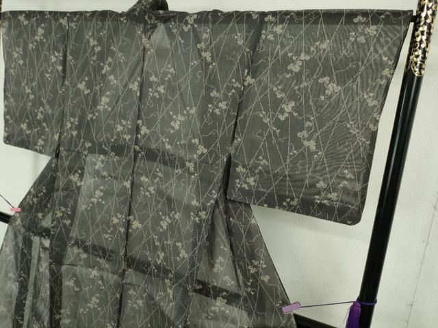 平和屋着物＊極上　夏物　絹芭蕉　小紋　竹垣蔦の葉文　藍墨茶色地　逸品　DZAB1181kh5