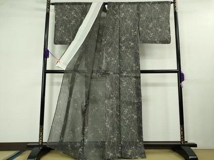 平和屋着物＊極上　夏物　絹芭蕉　小紋　竹垣蔦の葉文　藍墨茶色地　逸品　DZAB1181kh5