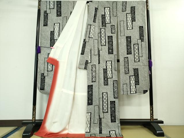 平和屋本店■極上　振袖　絞り　短冊花文　黒×白　逸品　DZAB1192kh5