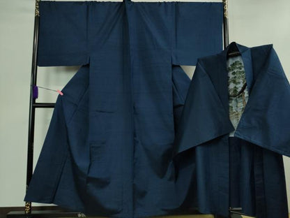 平和屋着物■極上　男性　紬　アンサンブル　キングサイズ　長羽織　色無地　留紺色　逸品　DZAB1194kh5