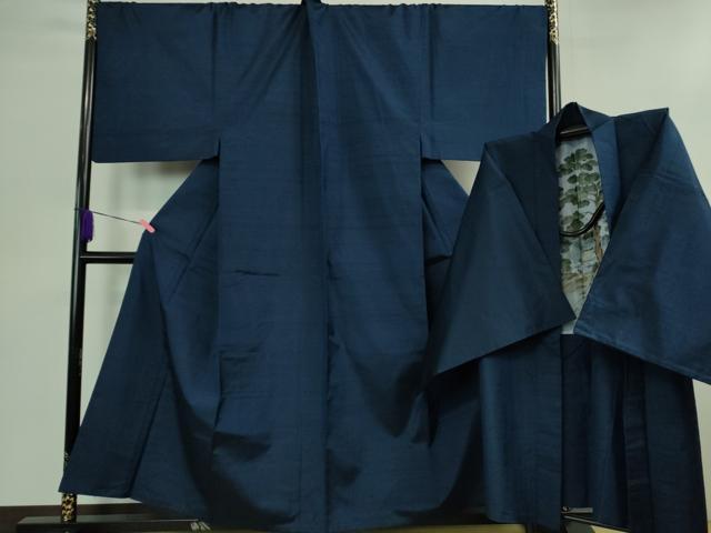 平和屋着物■極上　男性　紬　アンサンブル　キングサイズ　長羽織　色無地　留紺色　逸品　DZAB1194kh5
