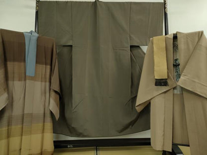 平和屋本店■極上　男性 お召 アンサンブル 長羽織・長襦袢(無双仕立て)・角帯 4点セット　着物:海松茶色　羽織:白茶色　逸品　DZAB1196kh5