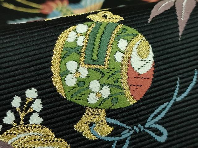 平和屋着物●極上 西陣の老舗 1782年創業 山下織物 六通柄袋帯 唐織 招福宝尽くし 黒地 金糸 逸品 DZAB1218kh5