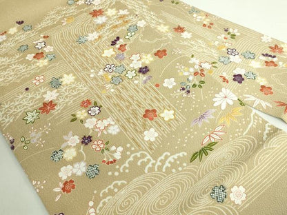 平和屋本店■極上　九寸名古屋帯　駒刺繍　風景花文　枯色地　金彩　鬼しぼ縮緬　たとう紙付き　逸品　DZAB1243kh5
