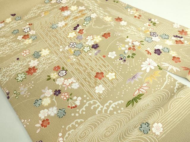 平和屋本店■極上　九寸名古屋帯　駒刺繍　風景花文　枯色地　金彩　鬼しぼ縮緬　たとう紙付き　逸品　DZAB1243kh5