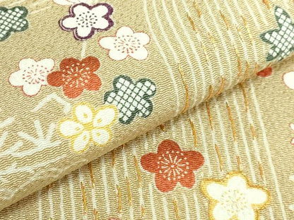平和屋本店■極上　九寸名古屋帯　駒刺繍　風景花文　枯色地　金彩　鬼しぼ縮緬　たとう紙付き　逸品　DZAB1243kh5