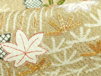 平和屋本店■極上　九寸名古屋帯　駒刺繍　風景花文　枯色地　金彩　鬼しぼ縮緬　たとう紙付き　逸品　DZAB1243kh5