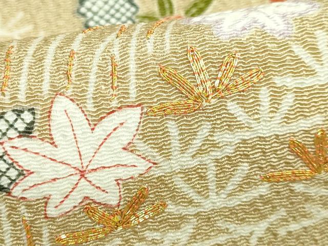平和屋本店■極上　九寸名古屋帯　駒刺繍　風景花文　枯色地　金彩　鬼しぼ縮緬　たとう紙付き　逸品　DZAB1243kh5
