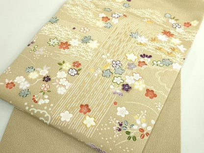 平和屋本店■極上　九寸名古屋帯　駒刺繍　風景花文　枯色地　金彩　鬼しぼ縮緬　たとう紙付き　逸品　DZAB1243kh5
