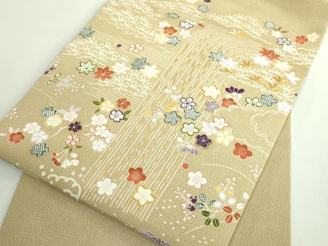 平和屋本店■極上　九寸名古屋帯　駒刺繍　風景花文　枯色地　金彩　鬼しぼ縮緬　たとう紙付き　逸品　DZAB1243kh5