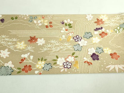 平和屋本店■極上　九寸名古屋帯　駒刺繍　風景花文　枯色地　金彩　鬼しぼ縮緬　たとう紙付き　逸品　DZAB1243kh5