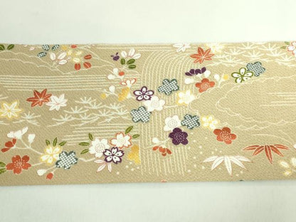 平和屋本店■極上　九寸名古屋帯　駒刺繍　風景花文　枯色地　金彩　鬼しぼ縮緬　たとう紙付き　逸品　DZAB1243kh5