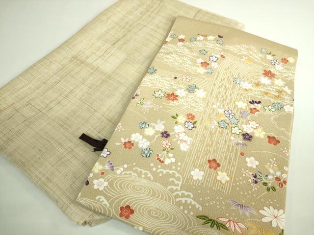 平和屋本店■極上　九寸名古屋帯　駒刺繍　風景花文　枯色地　金彩　鬼しぼ縮緬　たとう紙付き　逸品　DZAB1243kh5