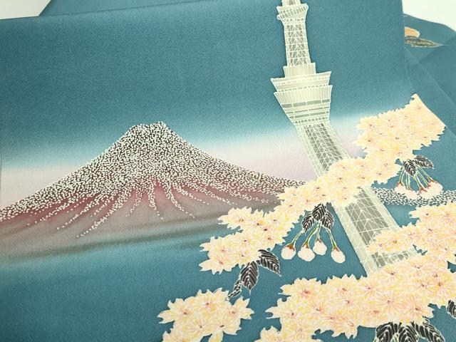 平和屋着物●極上 九寸名古屋帯 富士山 スカイツリー 希少柄 高麗納戸色地 鈴乃屋扱い 逸品 DZAB1245kh5