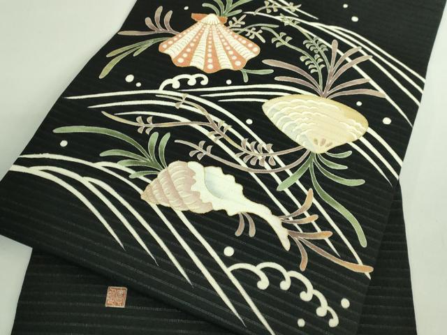 平和屋本店■極上　夏物　倉谷憲明　九寸名古屋帯　絽縮緬　立波に貝　黒地　金彩　逸品　DZAB1246kh5