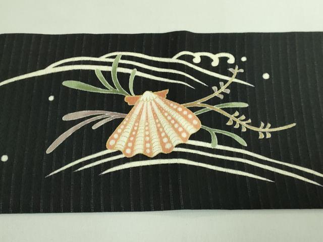 平和屋本店■極上　夏物　倉谷憲明　九寸名古屋帯　絽縮緬　立波に貝　黒地　金彩　逸品　DZAB1246kh5