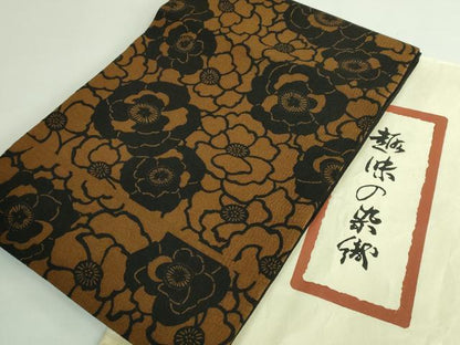 平和屋本店■極上　浦野理一　型染　九寸名古屋帯　舞花文　茶色地　たとう紙付き　逸品　DZAB1263kh5