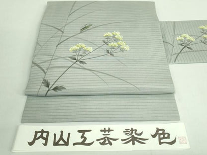 平和屋本店＊極上 夏物 内山晴祥 手描き 絽塩瀬 九寸名古屋帯 バッタ 枝花文 灰色地 逸品 DZAB1294kh5