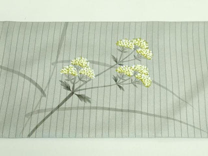平和屋本店＊極上 夏物 内山晴祥 手描き 絽塩瀬 九寸名古屋帯 バッタ 枝花文 灰色地 逸品 DZAB1294kh5