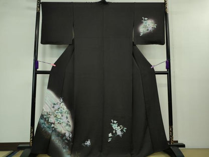平和屋着物▽極上 訪問着 単衣 草花文 暈し染め 紫黒色地 金銀彩 反端付き 逸品 未使用 DZAB1301kh5