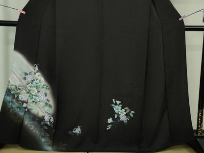 平和屋着物▽極上 訪問着 単衣 草花文 暈し染め 紫黒色地 金銀彩 反端付き 逸品 未使用 DZAB1301kh5