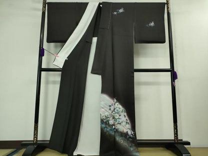 平和屋着物▽極上 訪問着 単衣 草花文 暈し染め 紫黒色地 金銀彩 反端付き 逸品 未使用 DZAB1301kh5