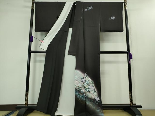 平和屋着物▽極上 訪問着 単衣 草花文 暈し染め 紫黒色地 金銀彩 反端付き 逸品 未使用 DZAB1301kh5