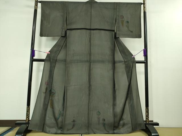 平和屋本店▽極上 訪問着 無双 紗袷 紗×絽 手描き 風鈴 金魚 黒地 逸品 DZAB1315kh5