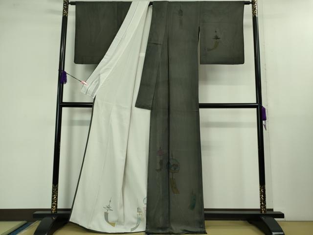 平和屋本店▽極上 訪問着 無双 紗袷 紗×絽 手描き 風鈴 金魚 黒地 逸品 DZAB1315kh5
