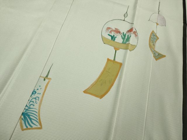 平和屋本店▽極上 訪問着 無双 紗袷 紗×絽 手描き 風鈴 金魚 黒地 逸品 DZAB1315kh5
