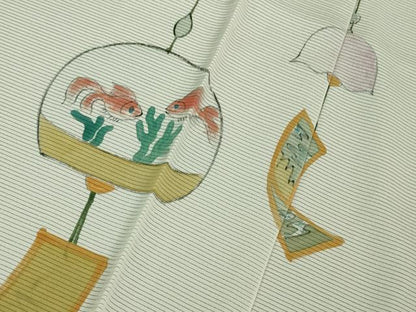 平和屋本店▽極上 訪問着 無双 紗袷 紗×絽 手描き 風鈴 金魚 黒地 逸品 DZAB1315kh5