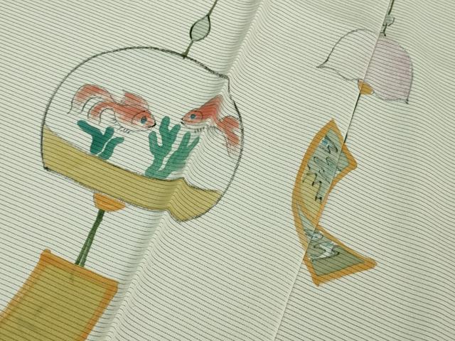 平和屋本店▽極上 訪問着 無双 紗袷 紗×絽 手描き 風鈴 金魚 黒地 逸品 DZAB1315kh5