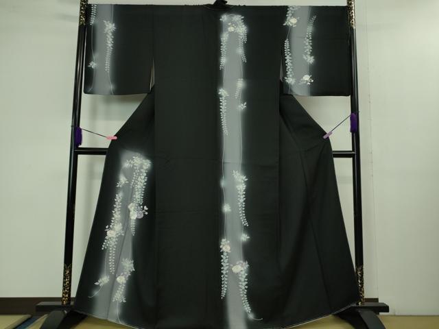平和屋本店■極上　訪問着　総手刺繍　草花藤花房　黒地　暈し染め　銀糸　逸品　未使用　DZAB1338kh5
