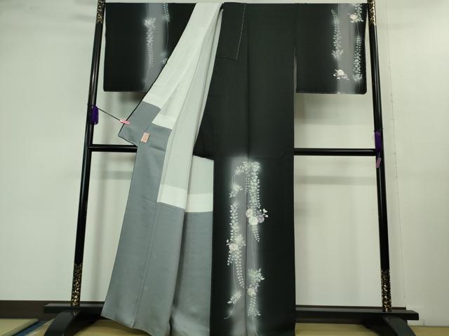 平和屋本店■極上　訪問着　総手刺繍　草花藤花房　黒地　暈し染め　銀糸　逸品　未使用　DZAB1338kh5