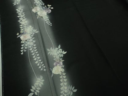 平和屋本店■極上　訪問着　総手刺繍　草花藤花房　黒地　暈し染め　銀糸　逸品　未使用　DZAB1338kh5