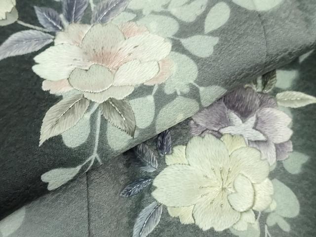平和屋本店■極上　訪問着　総手刺繍　草花藤花房　黒地　暈し染め　銀糸　逸品　未使用　DZAB1338kh5