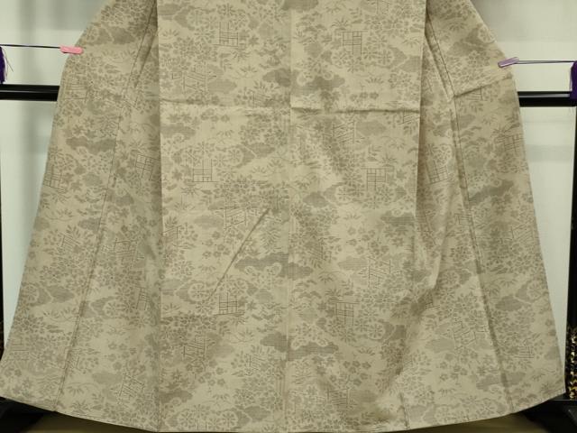 平和屋本店●極上　本場結城紬　重要無形文化財　100亀甲　飛び亀甲柄　風景花文　灰白色地　証紙付き　逸品　未使用　DZAB1350kh5