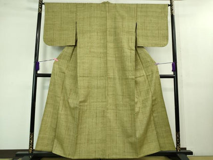 平和屋本店▽極上　浦野理一　経節紬　単衣　柳茶色地　逸品　DZAB1373kh5